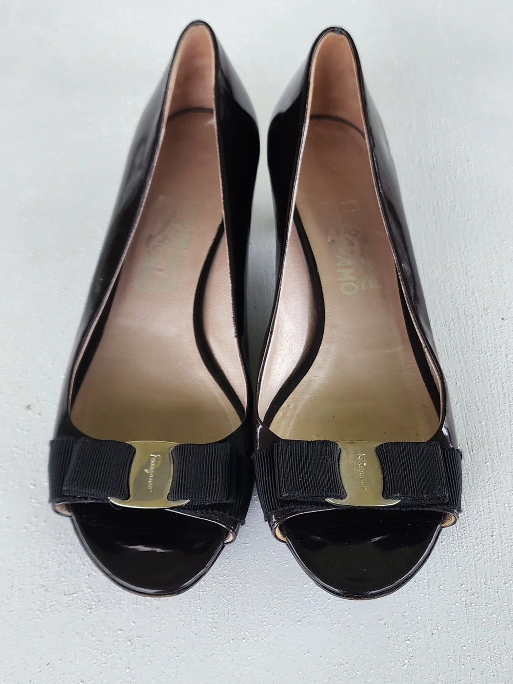 Salvatore Ferragamo Black Patent Vara Peep-Toe Flats